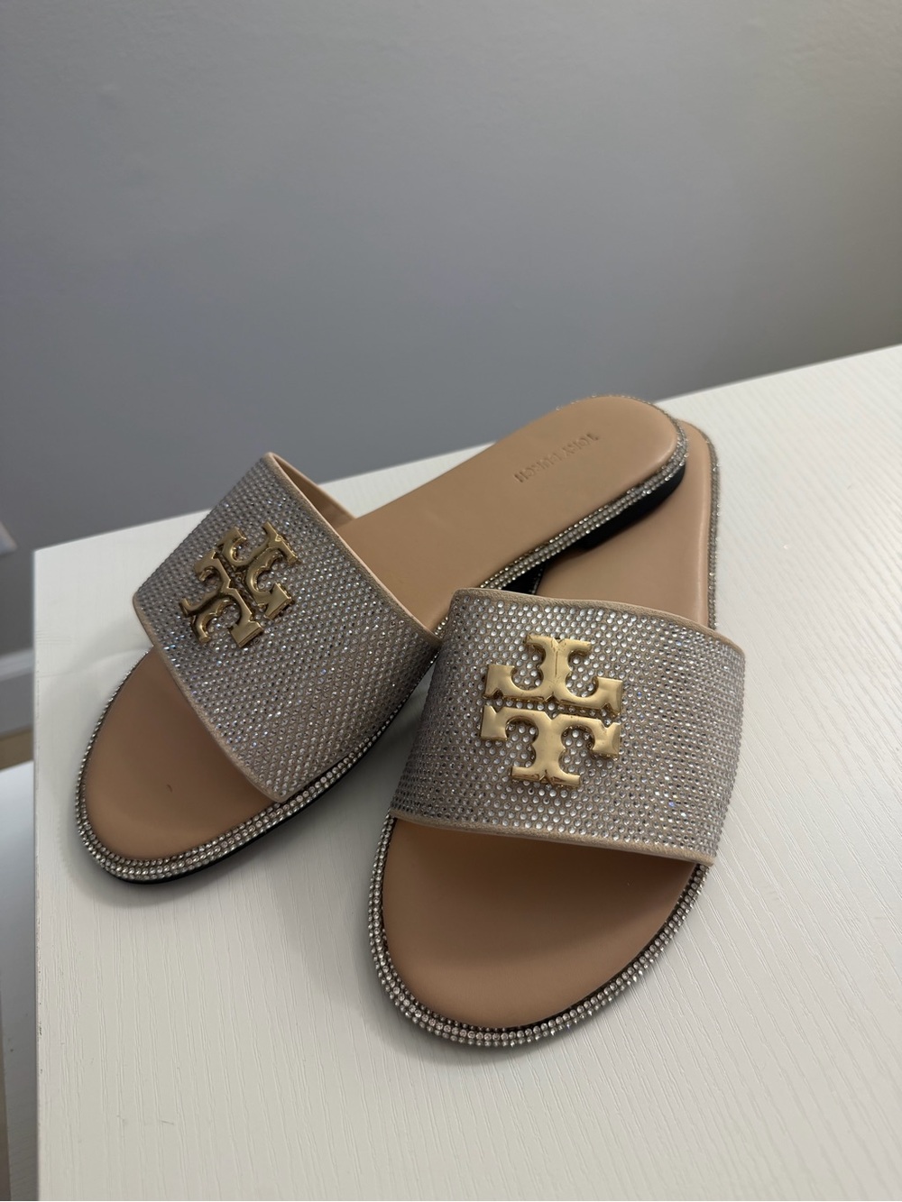 Tory Burch Metallic Champagne Crystal Logo Slide Sandals